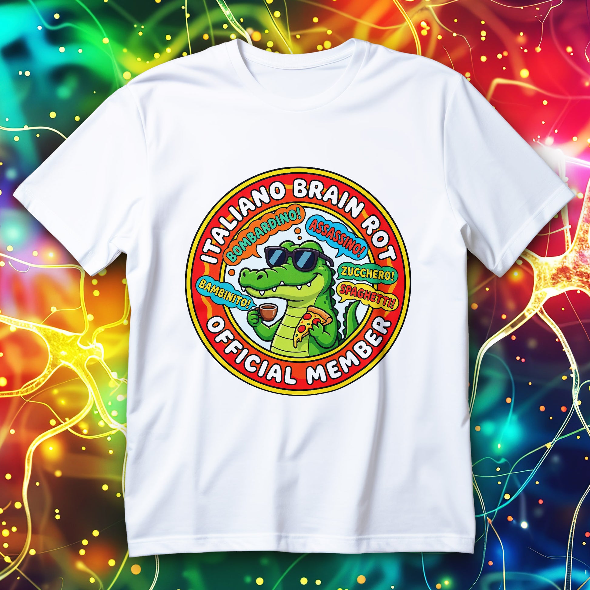 Italiano Brain Rot Shirt with sunglasses crocodile holding coffee and pizza, funny Gen Z absurd meme graphic on a unisex tee