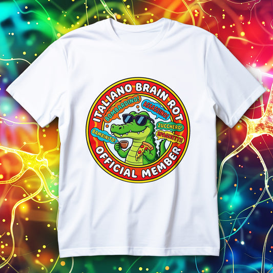 Italiano Brain Rot Shirt with sunglasses crocodile holding coffee and pizza, funny Gen Z absurd meme graphic on a unisex tee