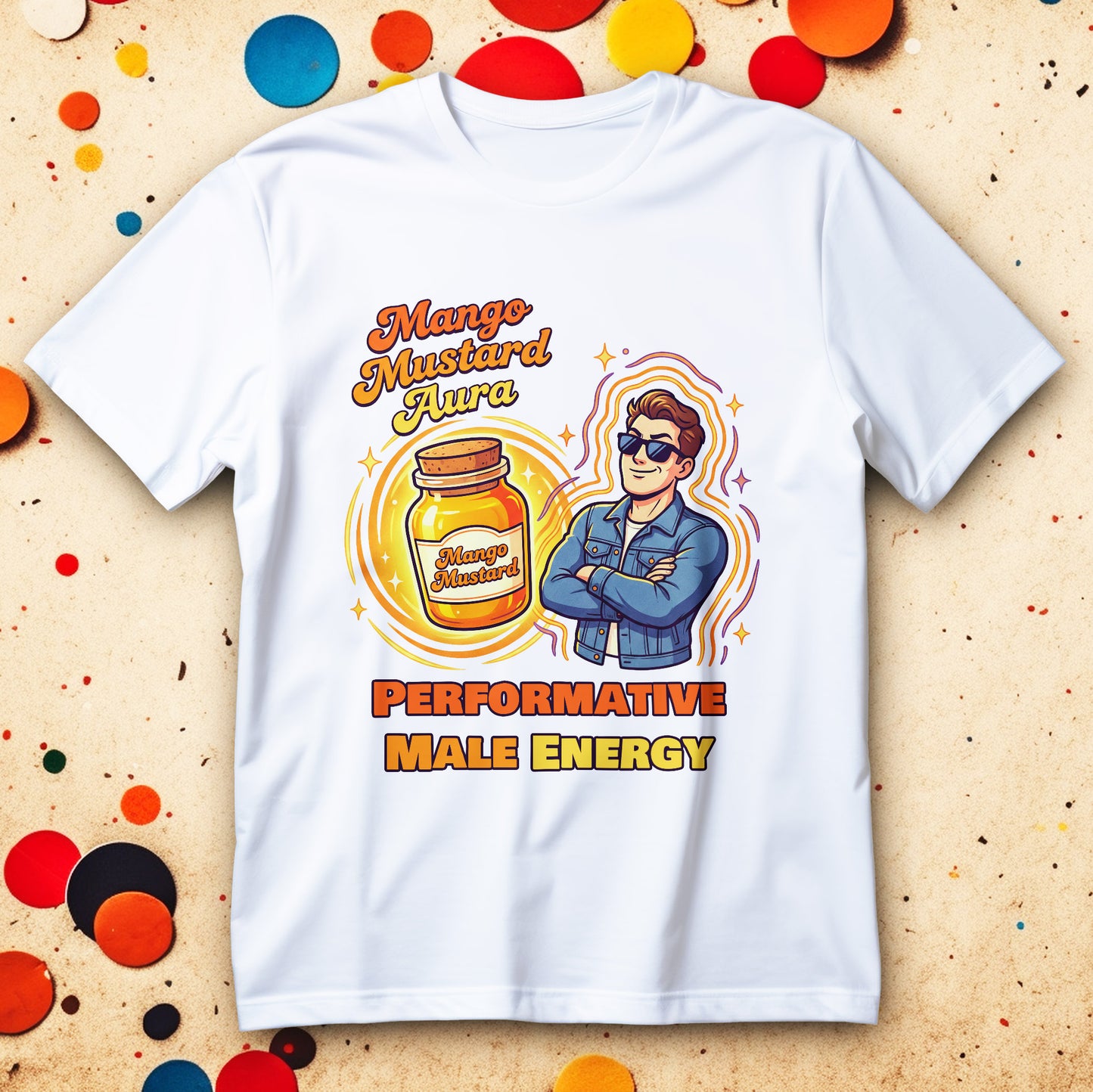 Mango Mustard Aura Shirt with glowing mango mustard jar and sunglasses guy, “Performative Male Energy” meme graphic tee