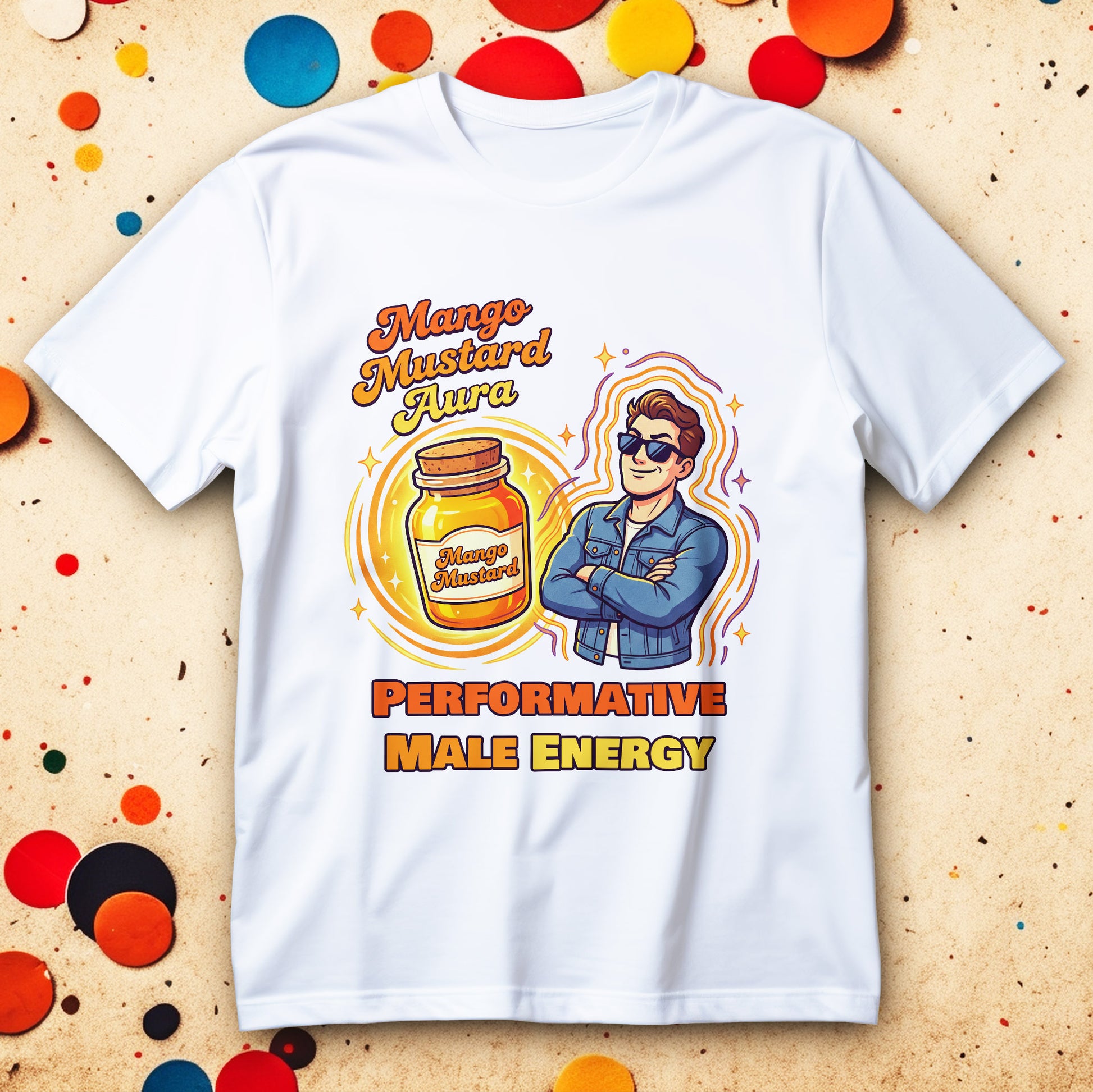 Mango Mustard Aura Shirt with glowing mango mustard jar and sunglasses guy, “Performative Male Energy” meme graphic tee