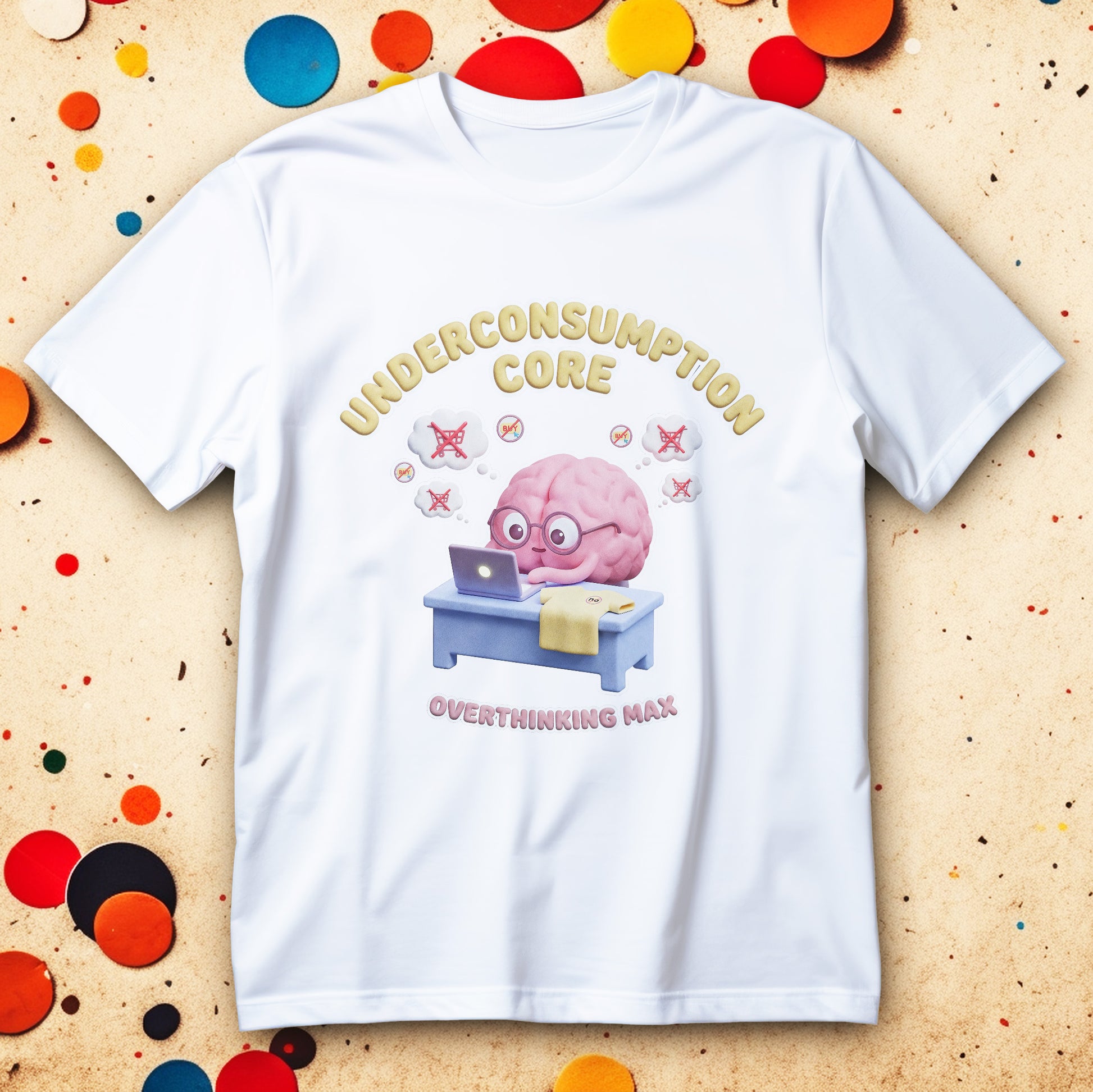 Overthinking Max Shirt with brain on laptop and “don’t buy it” thoughts, underconsumption core meme graphic tee