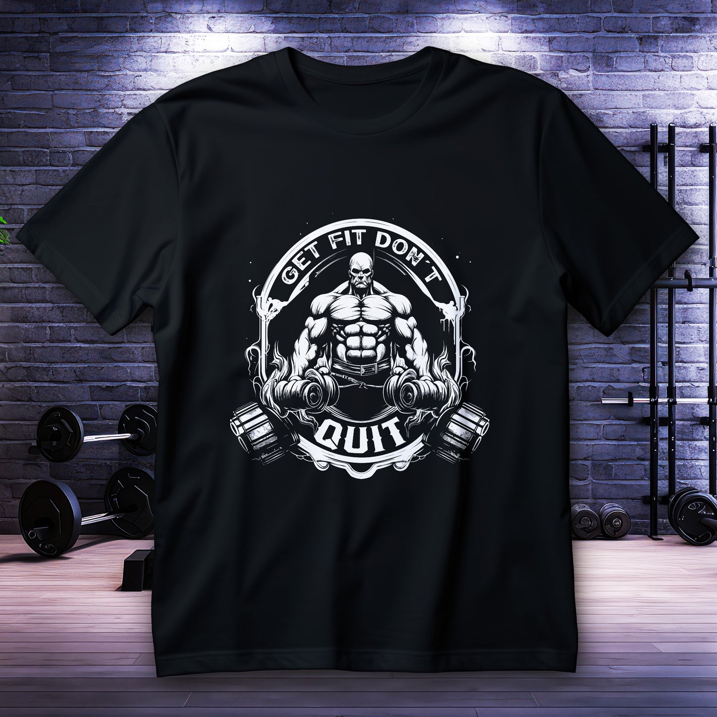 Get Fit Don’t Quit Shirt with monochrome bodybuilder emblem and dumbbells, hardcore gym motivation weightlifting graphic tee