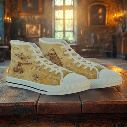 Da Vinci high top sneakers with vintage parchment sketch panels, sepia inventor notebook all-over print