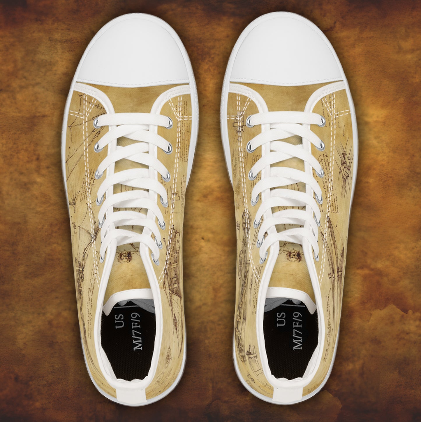 Da Vinci Sketch Damen-Sneaker mit hohem Schaft – Vintage-Pergament-Blaupausen-Schuhe