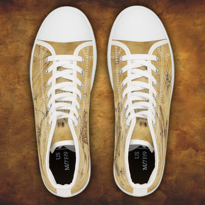 Da Vinci Sketch Damen-Sneaker mit hohem Schaft – Vintage-Pergament-Blaupausen-Schuhe