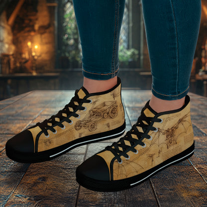 Da Vinci Sketch Damen-Sneaker mit hohem Schaft – Vintage-Pergament-Blaupausen-Schuhe