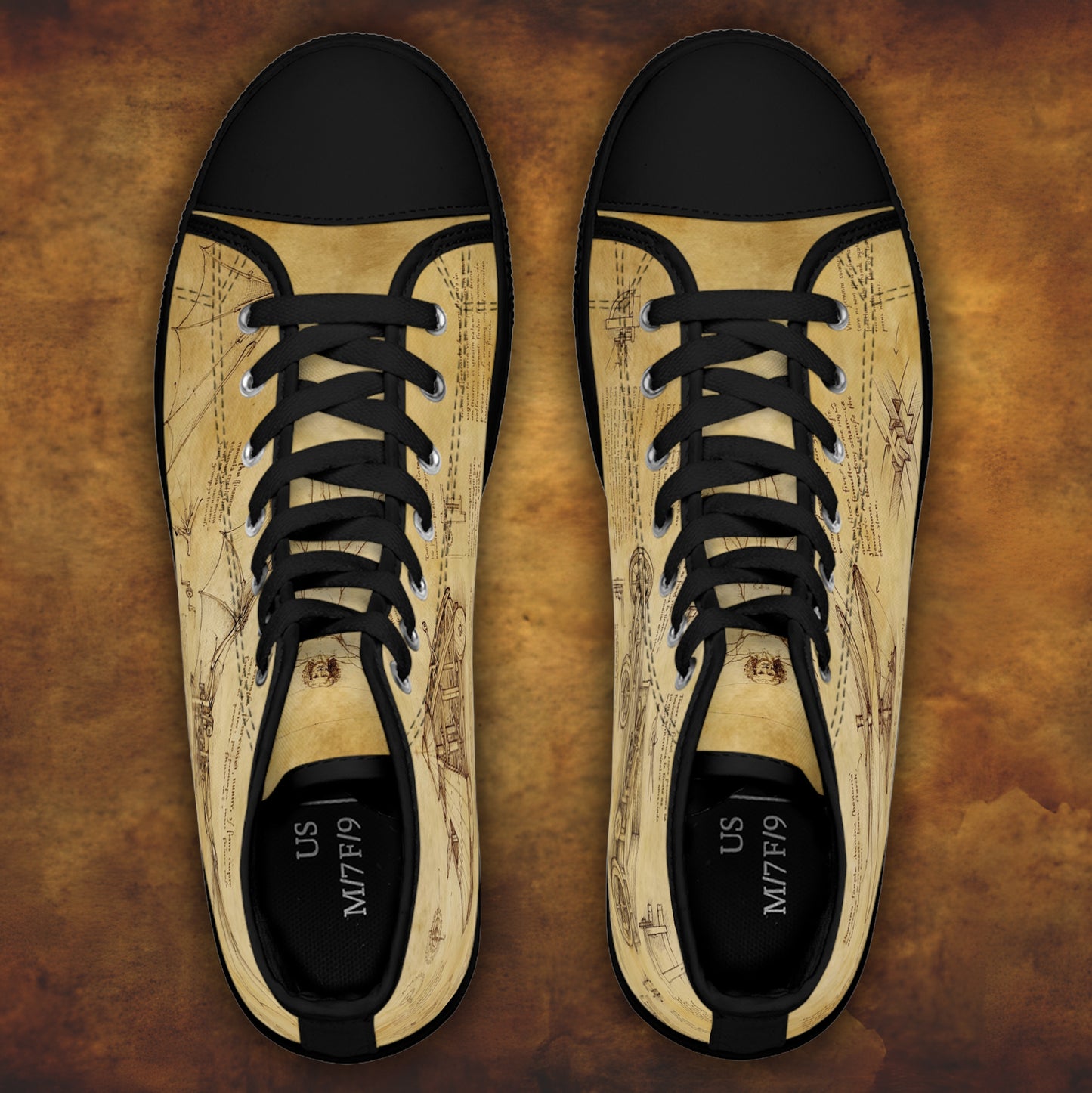 Da Vinci Sketch Damen-Sneaker mit hohem Schaft – Vintage-Pergament-Blaupausen-Schuhe
