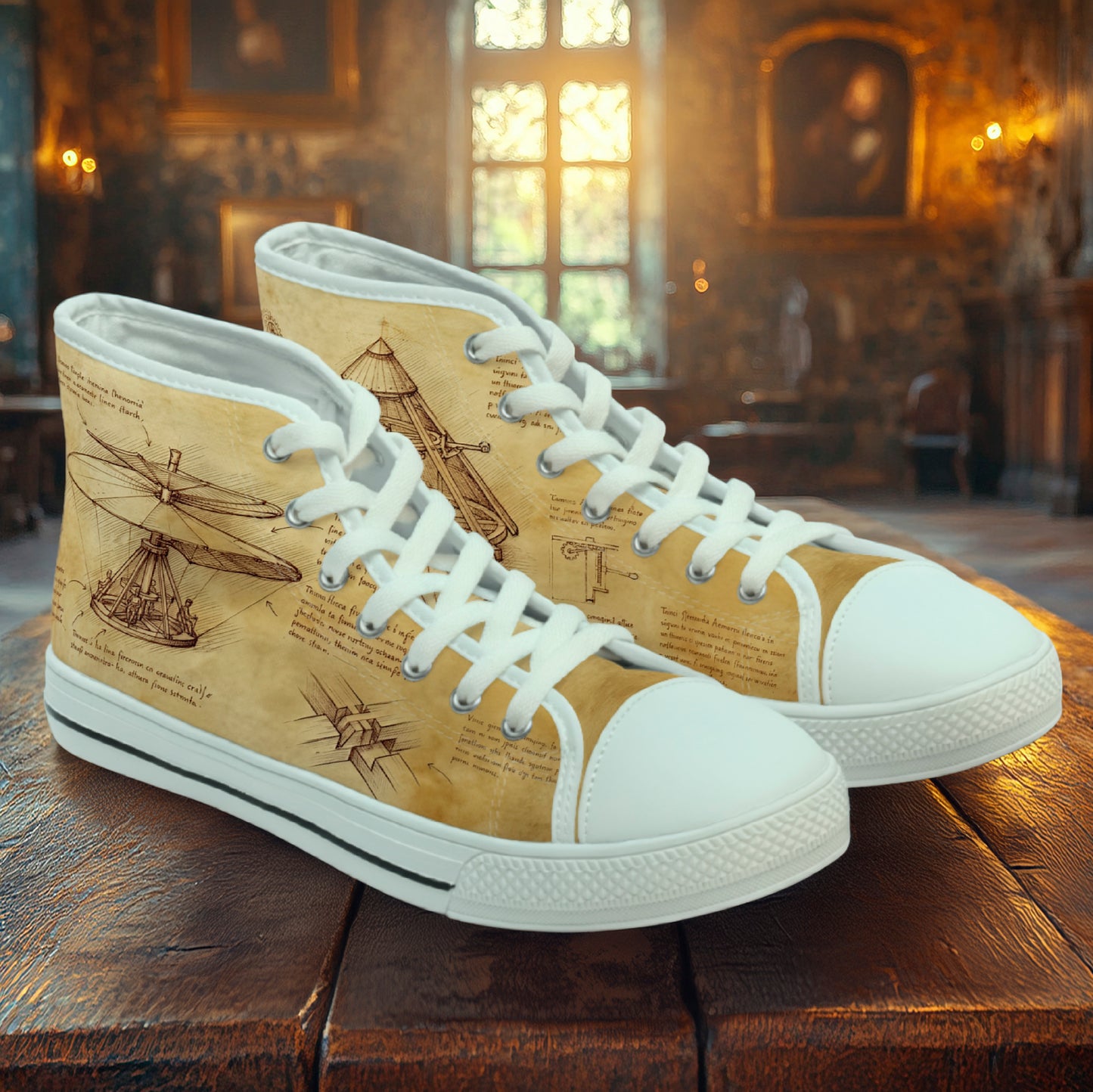 Da Vinci women’s high top sneakers with vintage parchment sketch panels, sepia notebook all-over print and lace-up design