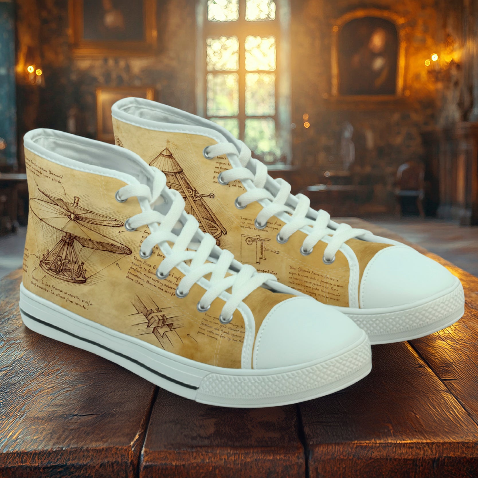 Da Vinci women’s high top sneakers with vintage parchment sketch panels, sepia notebook all-over print and lace-up design
