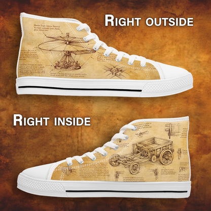 Da Vinci Sketch Damen-Sneaker mit hohem Schaft – Vintage-Pergament-Blaupausen-Schuhe