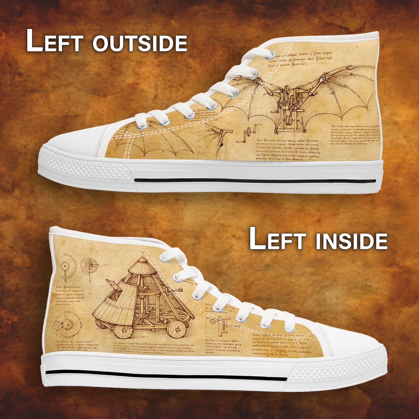 Da Vinci Sketch Damen-Sneaker mit hohem Schaft – Vintage-Pergament-Blaupausen-Schuhe