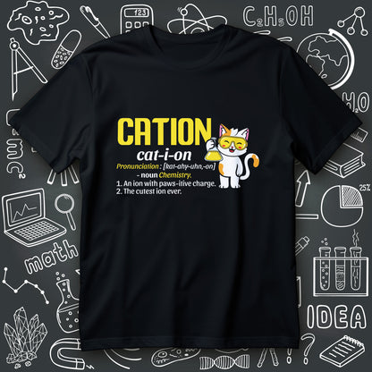 funny chemistry t-shirt graphic with CATION cat-i-on text and a goggled cartoon cat holding a flask