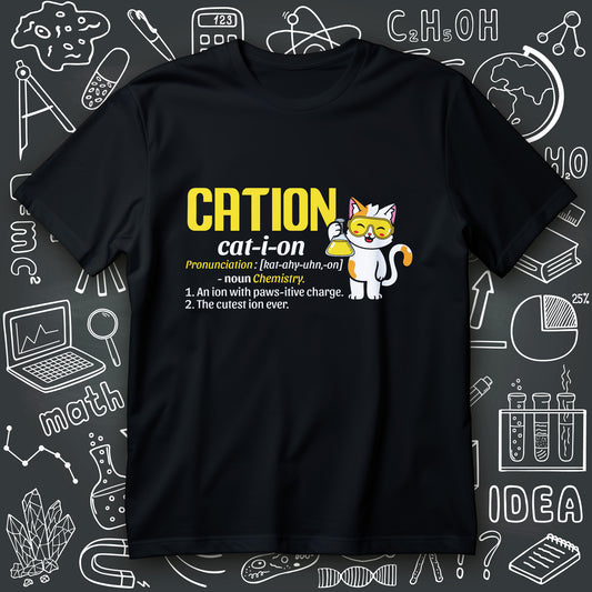 funny chemistry t-shirt graphic with CATION cat-i-on text and a goggled cartoon cat holding a flask