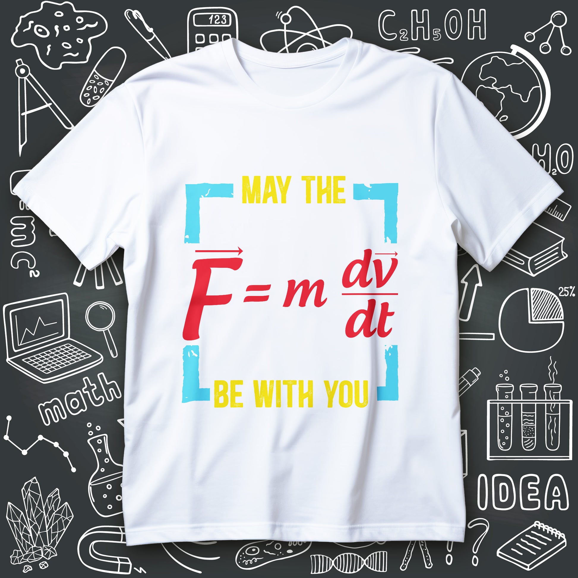 physics t-shirt with MAY THE BE WITH YOU text and F = m dv/dt equation with vector arrows and blue corner brackets