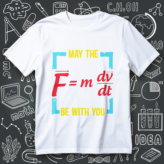 physics t-shirt with MAY THE BE WITH YOU text and F = m dv/dt equation with vector arrows and blue corner brackets
