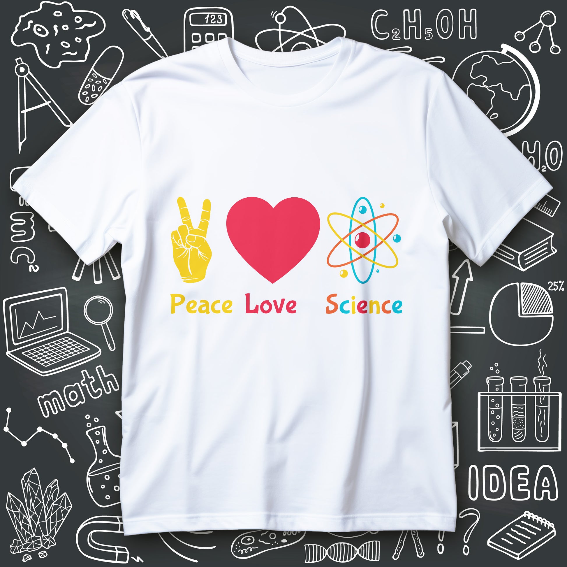 graphic t-shirt with Peace, Love & Science text plus peace hand icon, red heart, and colorful atom symbol