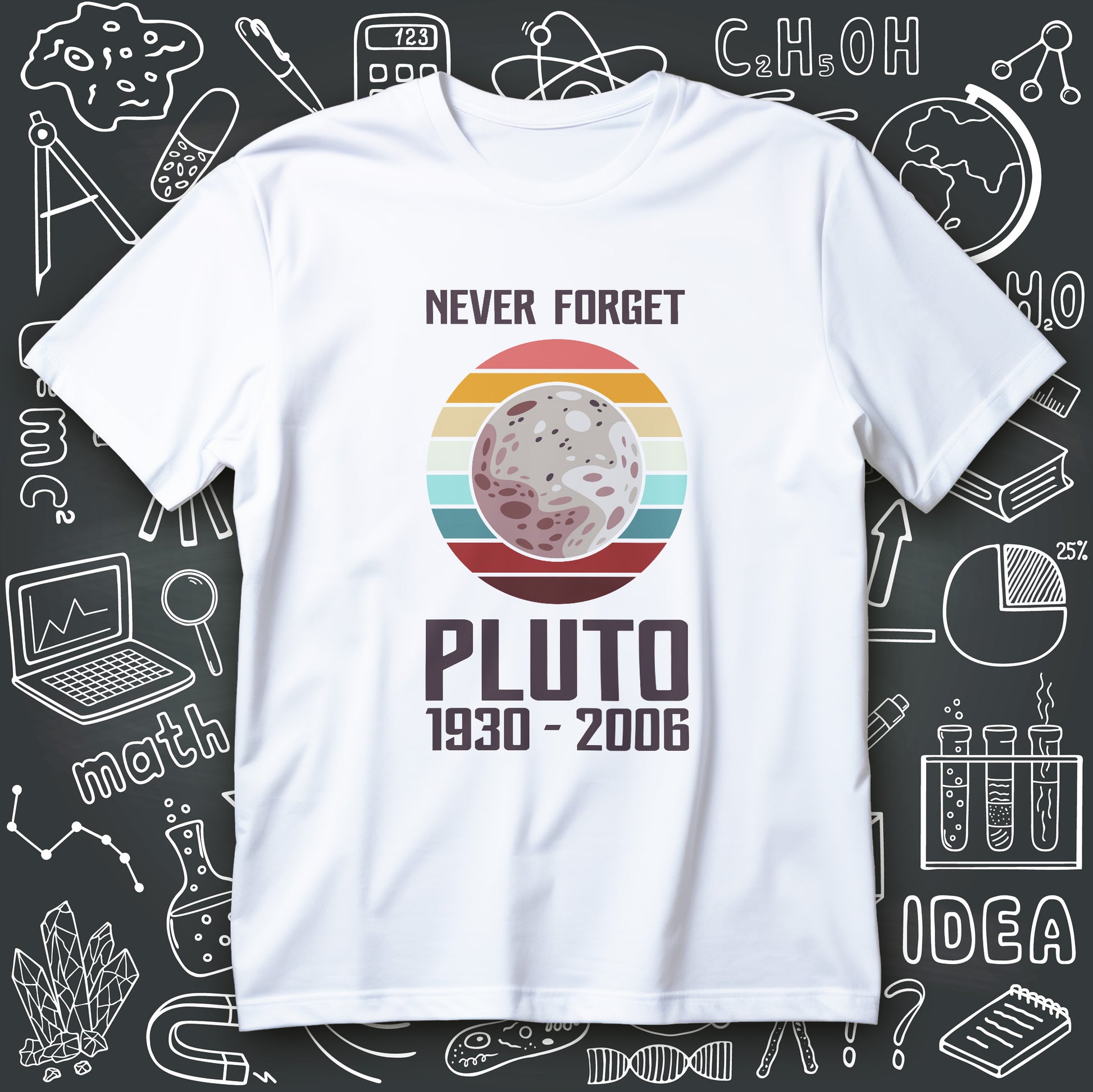 Pluto t-shirt design with retro striped circle, Pluto planet illustration, and text Never Forget Pluto 1930 - 2006
