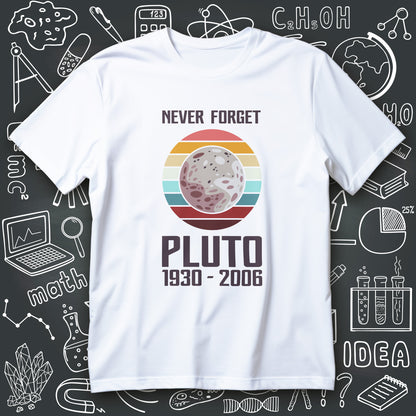 Pluto t-shirt design with retro striped circle, Pluto planet illustration, and text Never Forget Pluto 1930 - 2006
