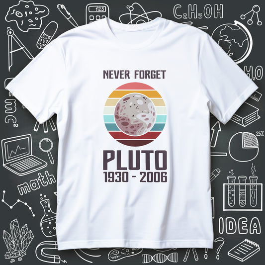 Pluto t-shirt design with retro striped circle, Pluto planet illustration, and text Never Forget Pluto 1930 - 2006
