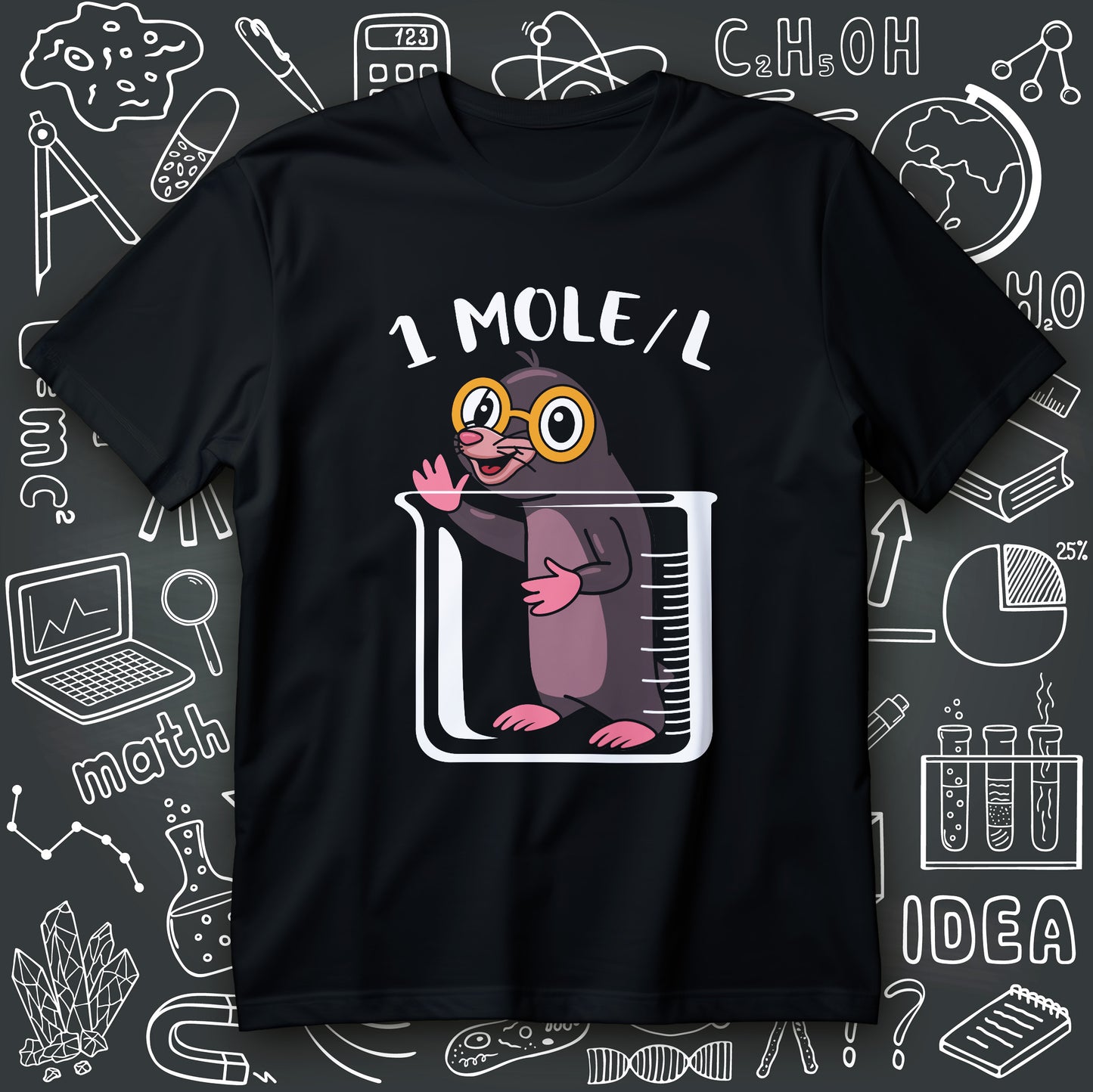 funny chemistry t-shirt with cartoon mole wearing orange glasses inside a lab beaker and text 1 MOLE/L
