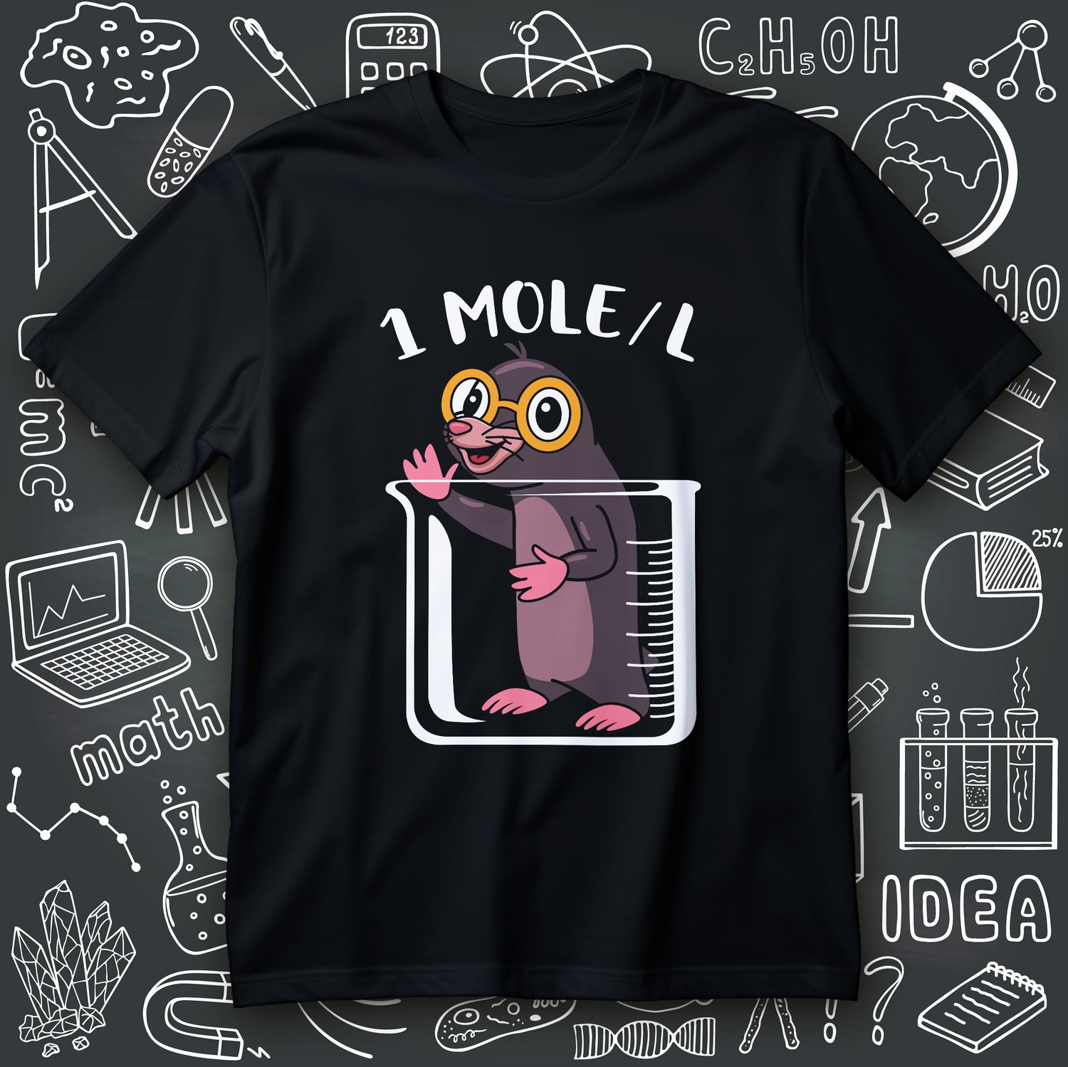 funny chemistry t-shirt with cartoon mole wearing orange glasses inside a lab beaker and text 1 MOLE/L