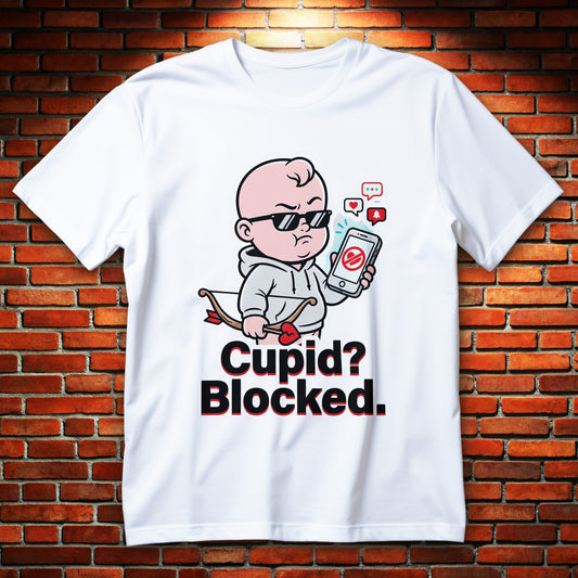 funny valentines t-shirt design of sunglasses cupid holding a blocked phone icon with Cupid? Blocked text