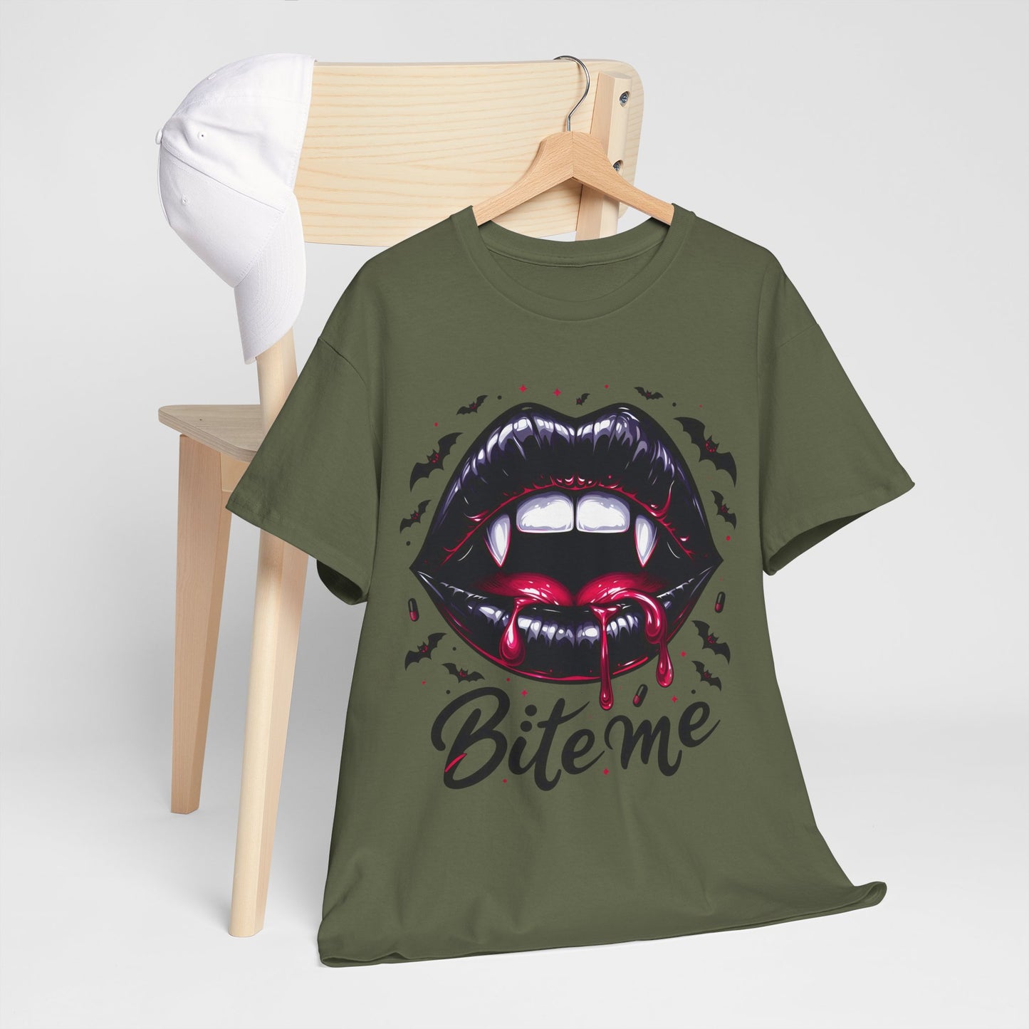 Bite Me Vampire Lips T-Shirt - Gothic Fangs & Bats Halloween Tee