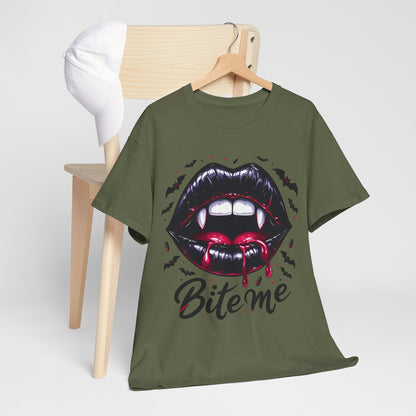 Bite Me Vampire Lips T-Shirt - Gothic Fangs & Bats Halloween Tee