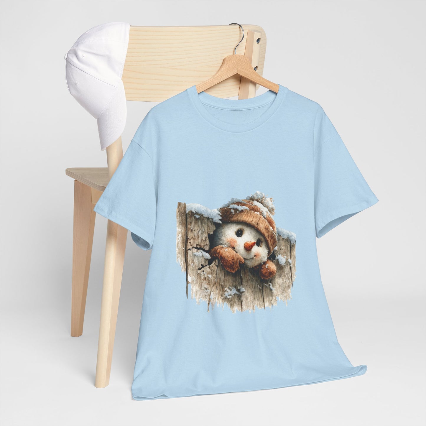 Peeking Snowman Beanie Christmas T-Shirt - Rustic Wood Fence Snowman