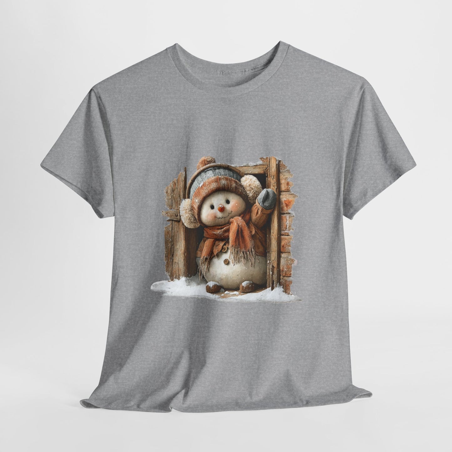 Waving Doorway Snowman Christmas T-Shirt - Cabin Snowman in Beanie & Ear Muffs