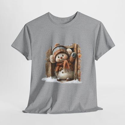 Waving Doorway Snowman Christmas T-Shirt - Cabin Snowman in Beanie & Ear Muffs