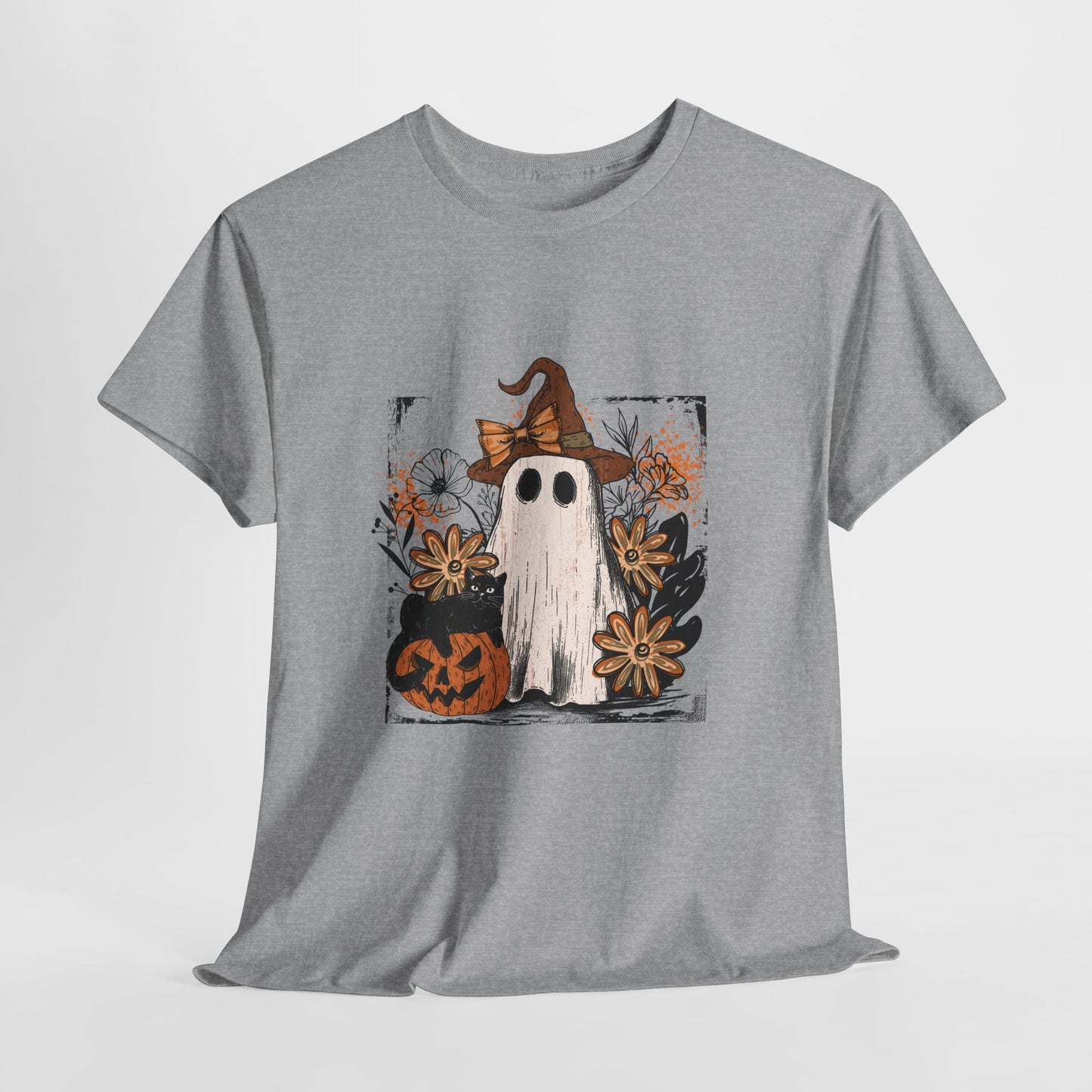 Floral Ghost Cat Pumpkin Halloween T-Shirt - Witch Hat Bow x Jack-O-Lantern