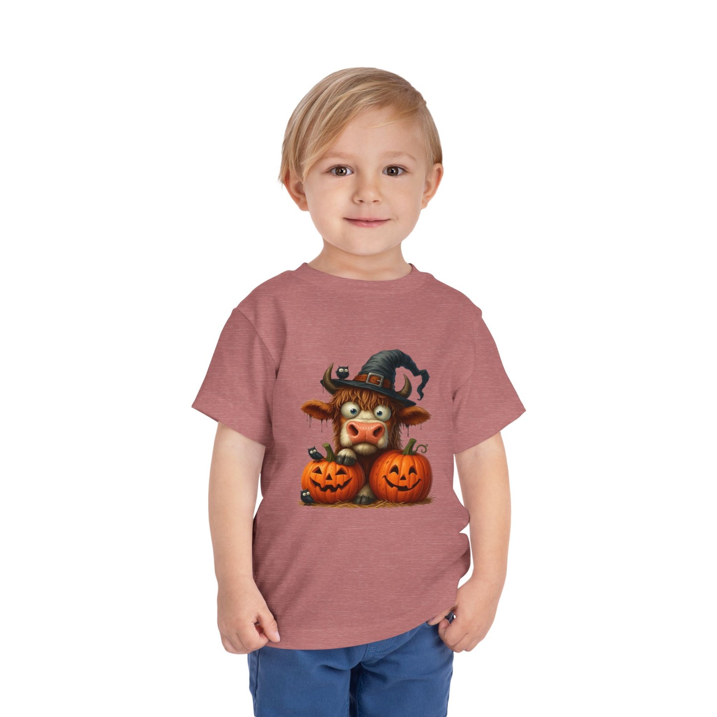 Cute Highland Cow Kids T-Shirt - Witch Hat & Pumpkins Toddler Tee
