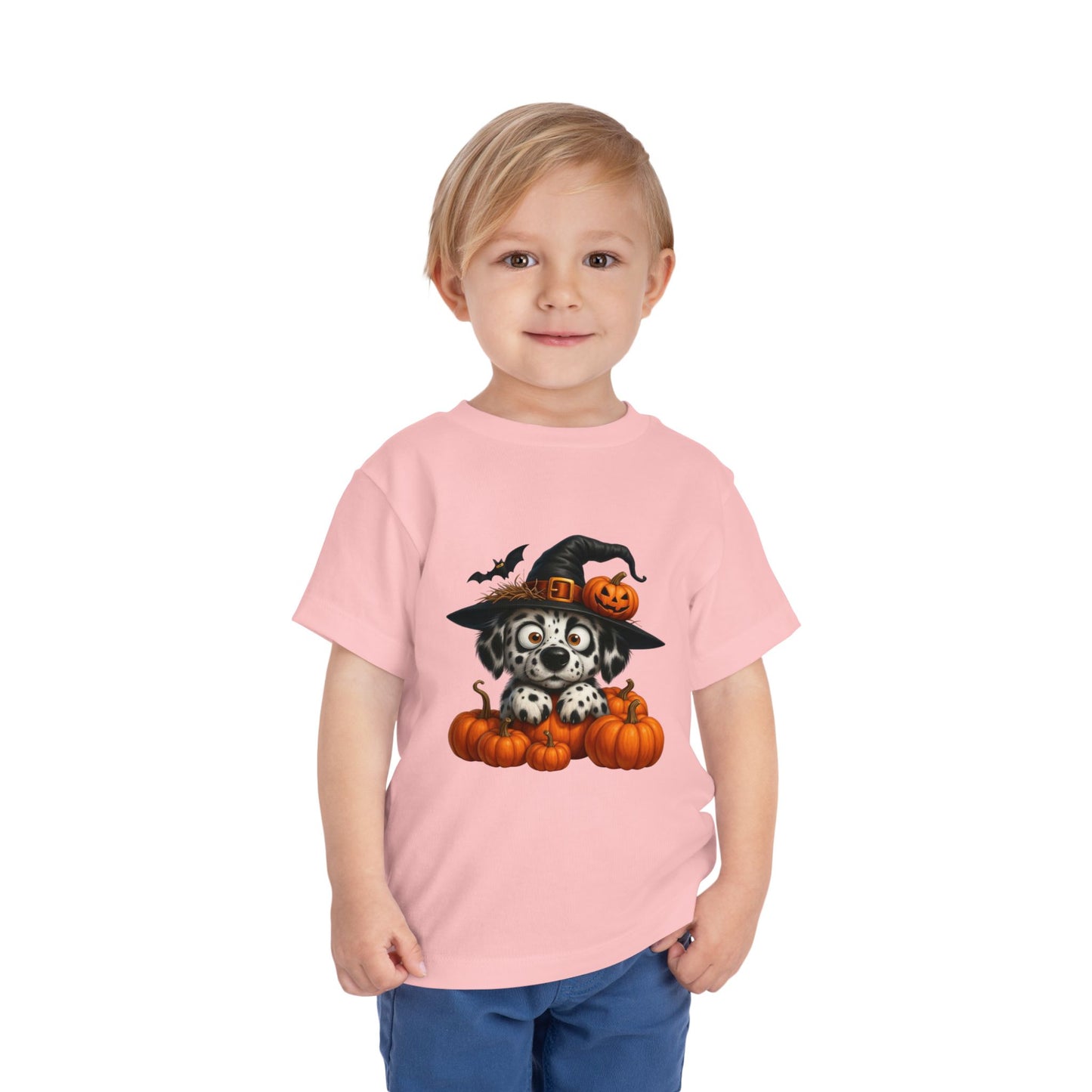 Cute Halloween Puppy Kids T-Shirt - Witch Hat & Pumpkins Toddler Tee
