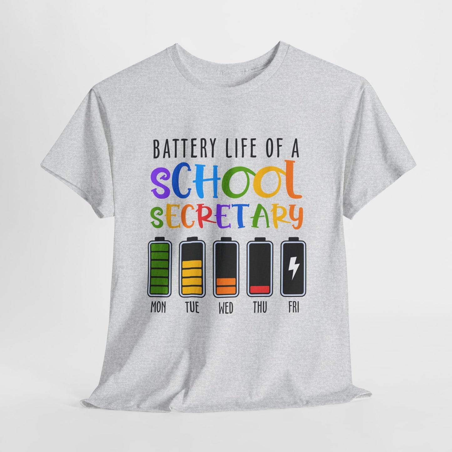 School Secretary Battery Shirt - Funny Rainbow Staff Tee for School Office Life, End of Year Exhaustion Gift for Secretaries