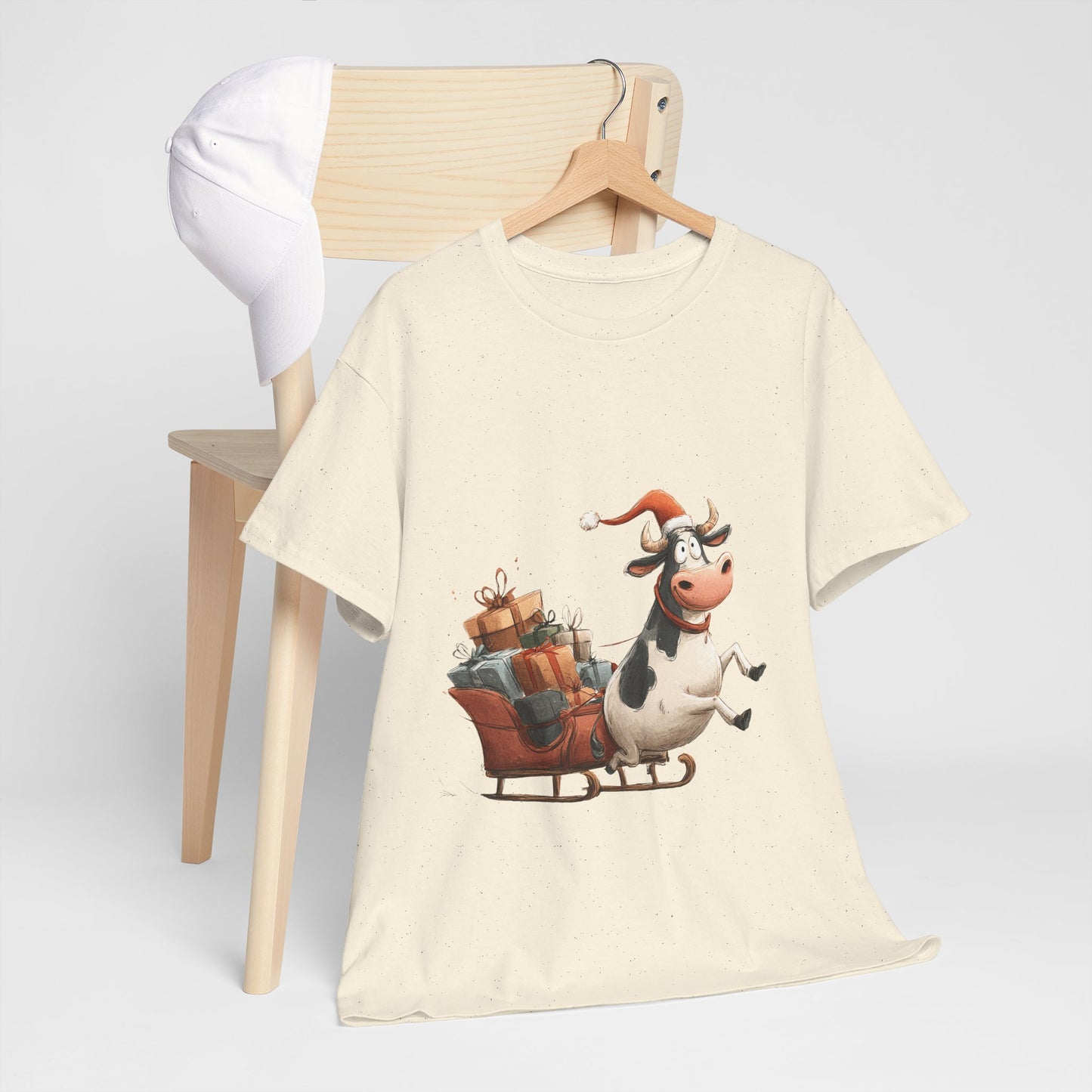 Santa Cow Sleigh Christmas T-Shirt - Funny Cow Pulling Sleigh Tee