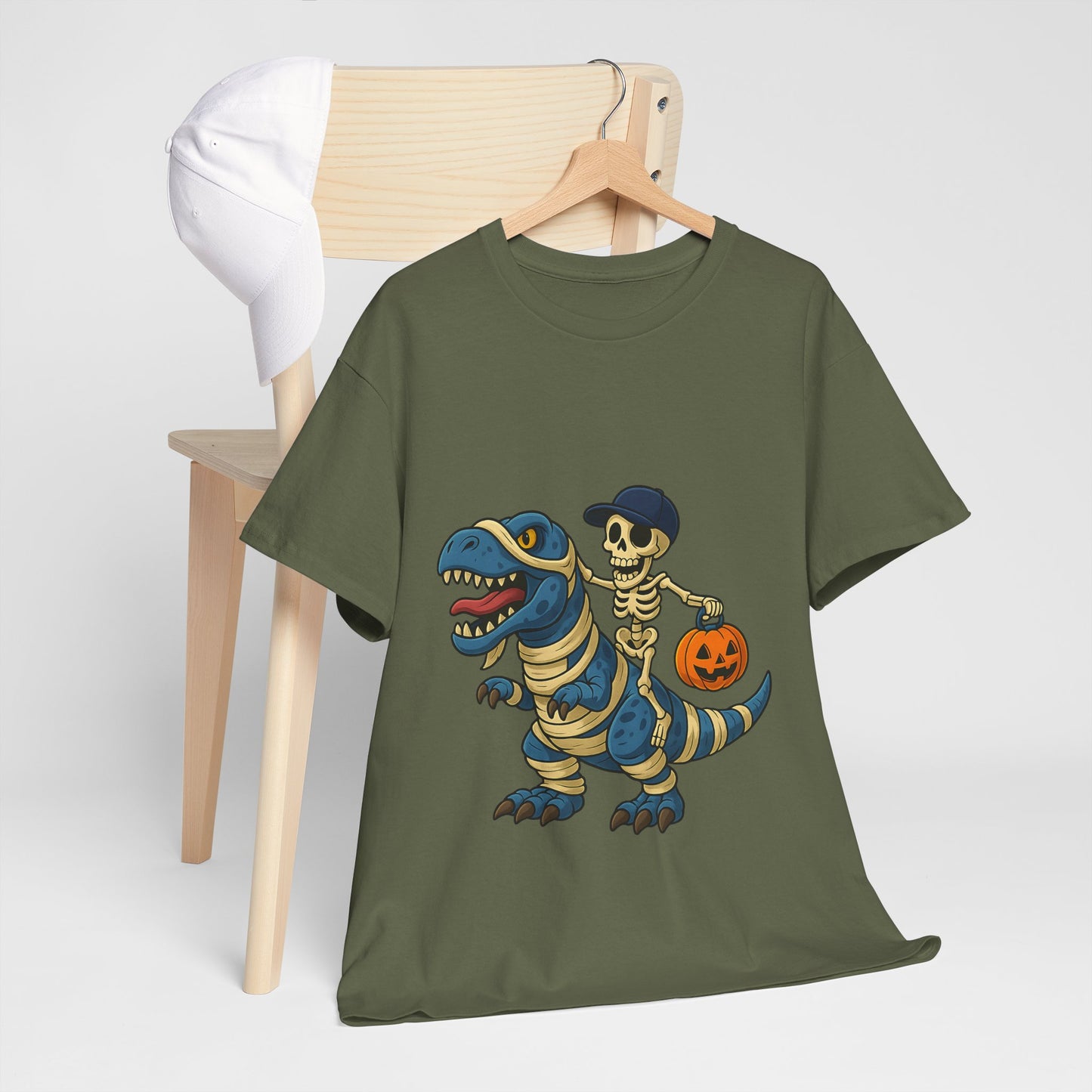 Skeleton Riding T-Rex Halloween T-Shirt - Dinosaur Mummy Wrap Tee