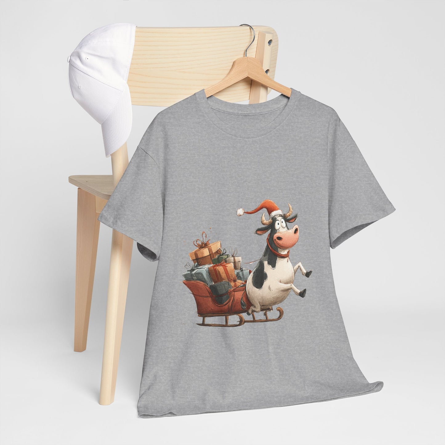 Santa Cow Sleigh Christmas T-Shirt - Funny Cow Pulling Sleigh Tee