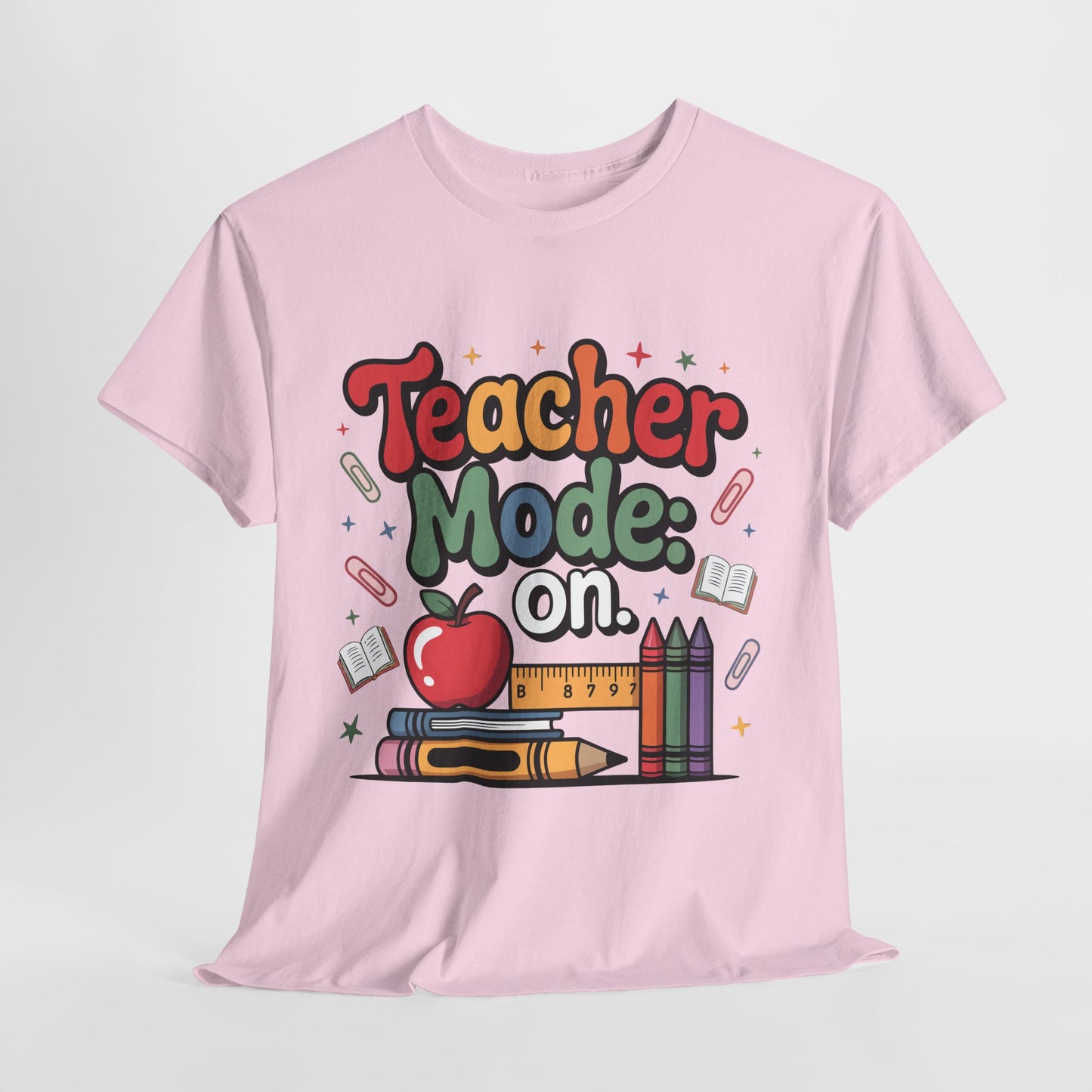 Teacher Mode On Shirt - Cute Back to School Tee with Crayons, Books & Apple, Positive Teacher Gift for Classroom Heroes