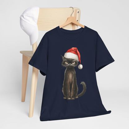 Black Cat Santa Hat Christmas Shirt - Grumpy Holiday Cat Tee
