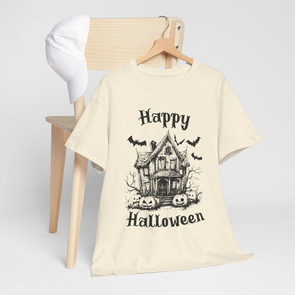 Vintage Haunted House Halloween T-Shirt - Gothic Pumpkins & Bats Tee
