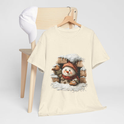 Peeking Snowman Window Christmas - Cute Snowy Brick Window Snowman Tee