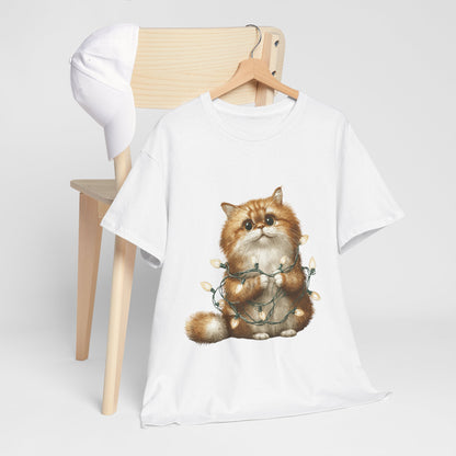 Christmas Lights Cat T-Shirt - Cute Kitty Tangled in Fairy Lights