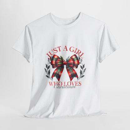 Just a Girl Who Loves Christmas - Tartan Plaid Bow Wreath Tee