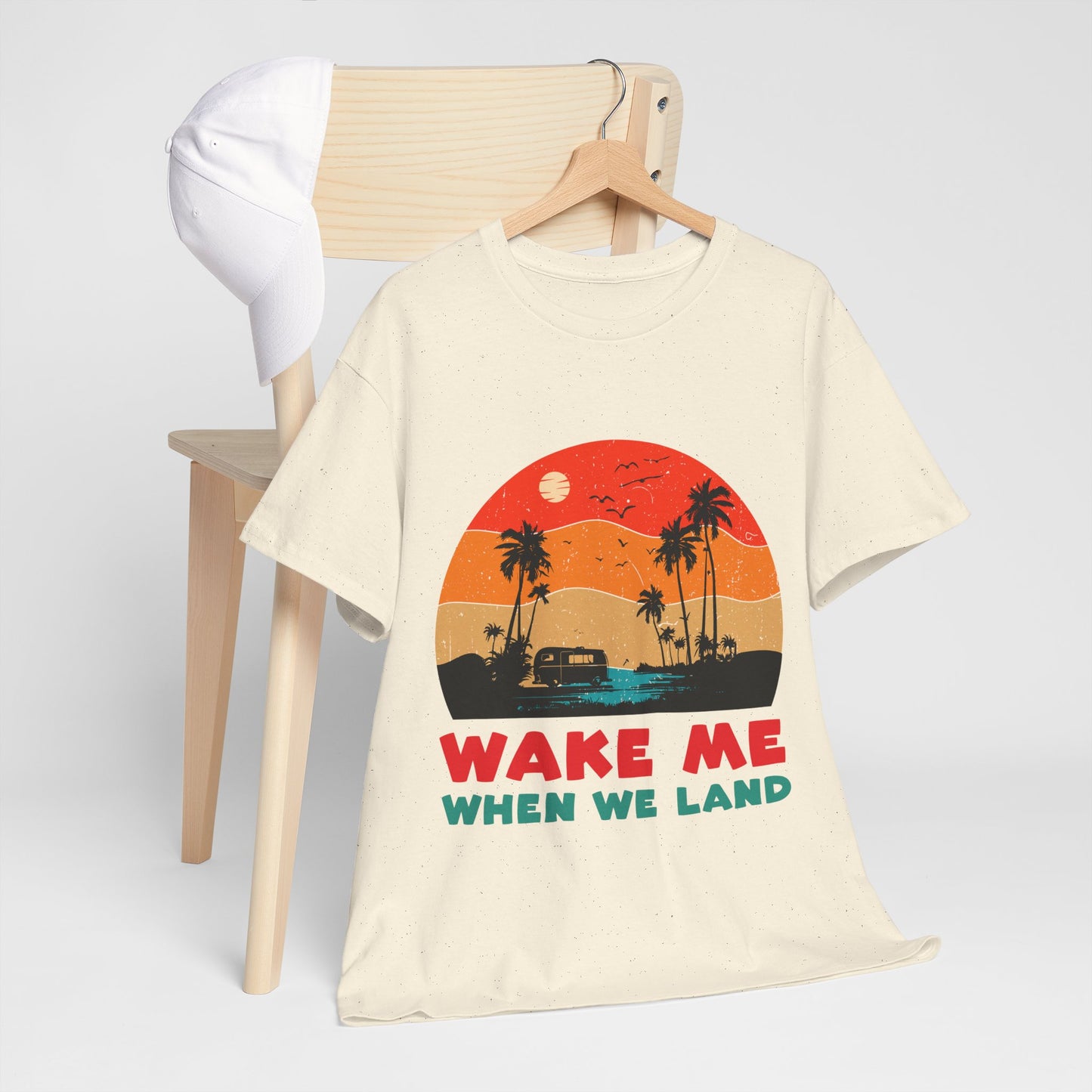 Wake Me When We Land T-Shirt - Funny Jet Lag Travel Retro Sunset Tee