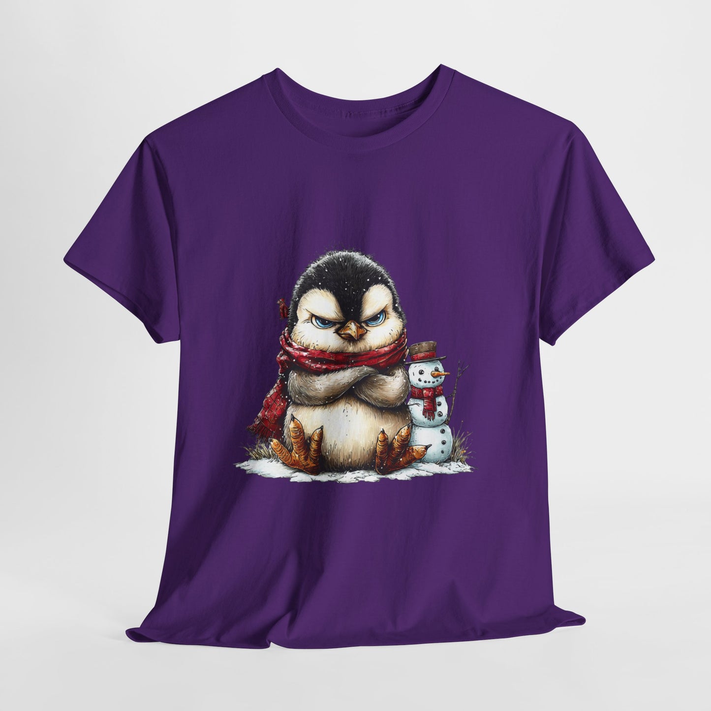 Grumpy Penguin Christmas T-Shirt - Winter Penguin with Snowman Buddy