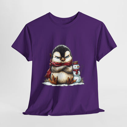 Grumpy Penguin Christmas T-Shirt - Winter Penguin with Snowman Buddy