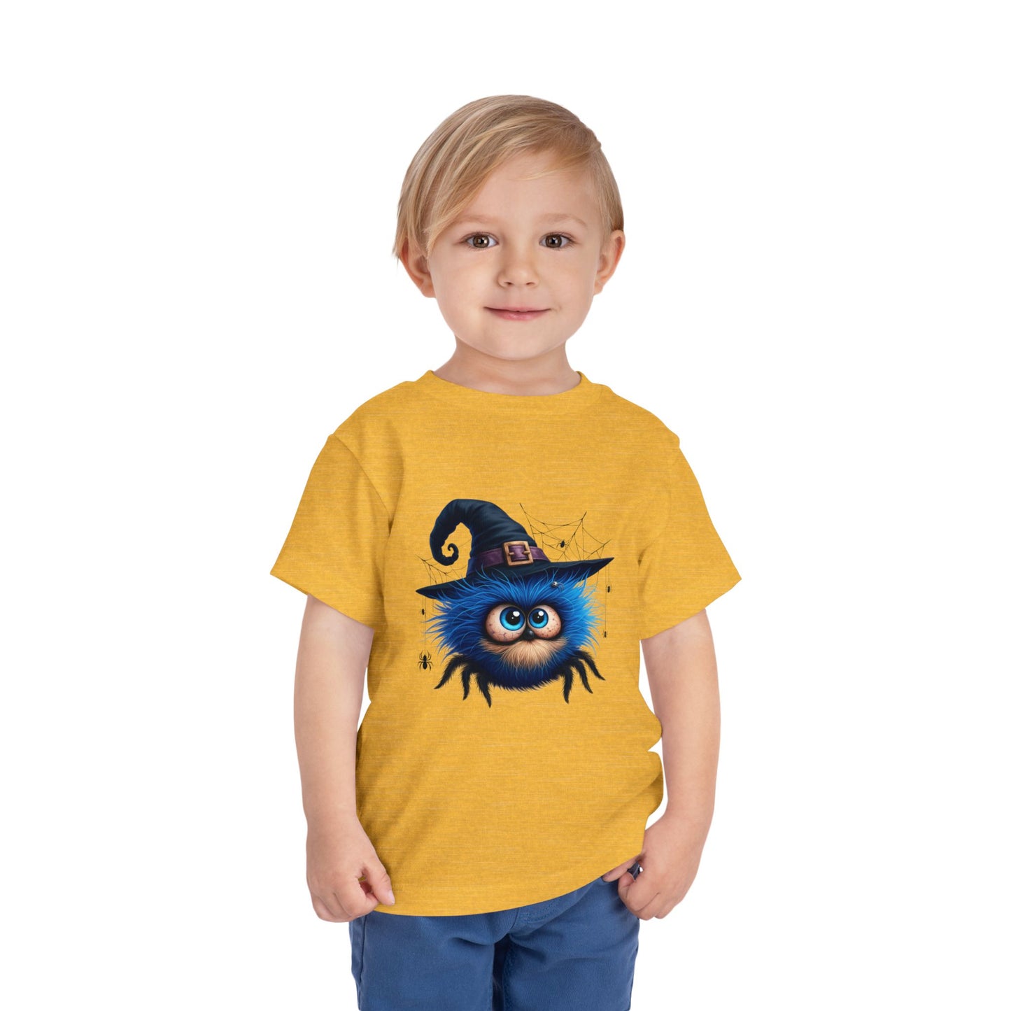 Cute Blue Fuzzy Spider Kids T-Shirt - Witch Hat Halloween Toddler Tee