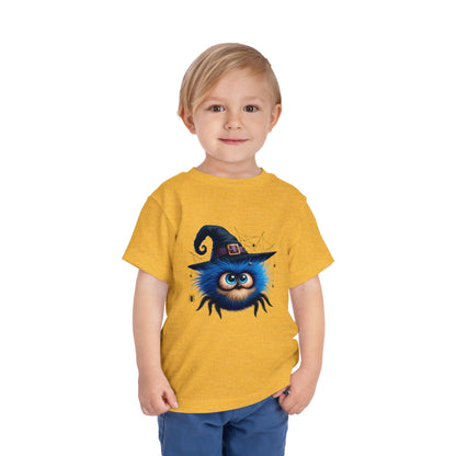Cute Blue Fuzzy Spider Kids T-Shirt - Witch Hat Halloween Toddler Tee