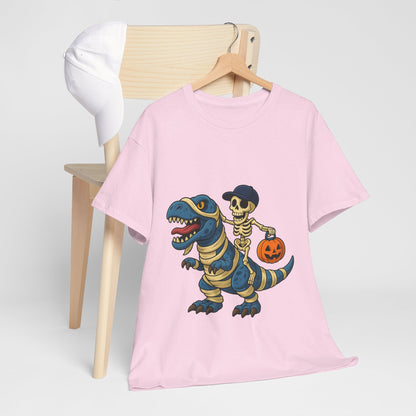 Skeleton Riding T-Rex Halloween T-Shirt - Dinosaur Mummy Wrap Tee